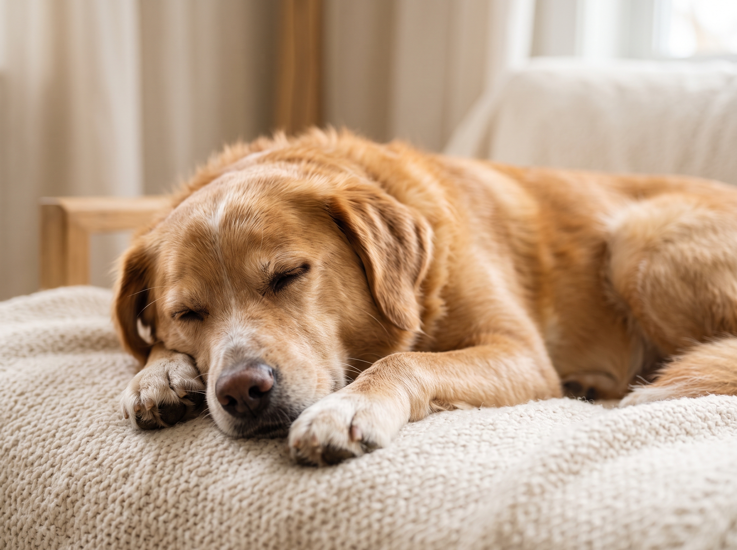 Relaxed senior dog sleeping peacefully on a soft cozy bed in a calm sunlit home