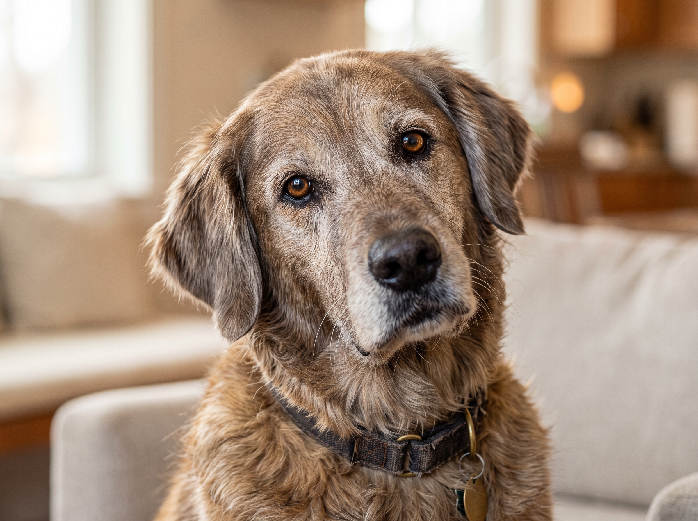 Bright-eyed alert senior dog looking at the camera with a clear engaged expression