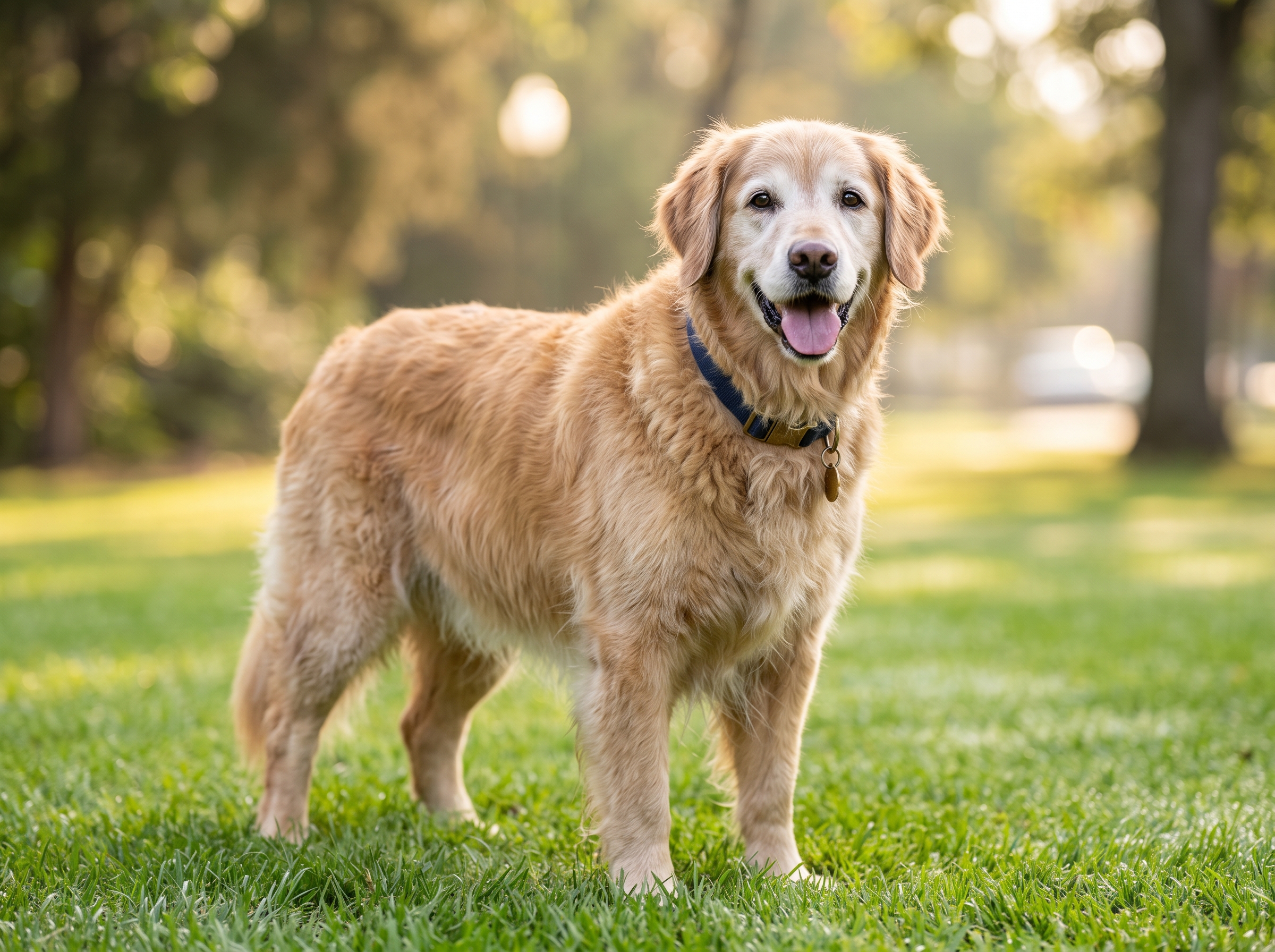 Healthy vibrant senior golden retriever standing alert on green grass in a sunny park