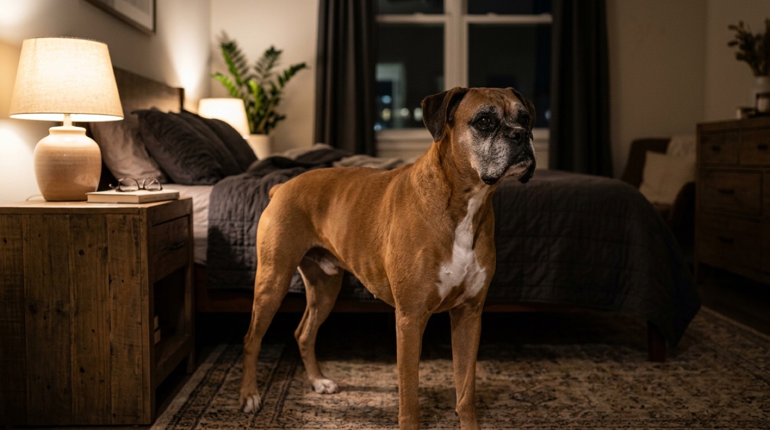 Boxer dog, dog pacing at night