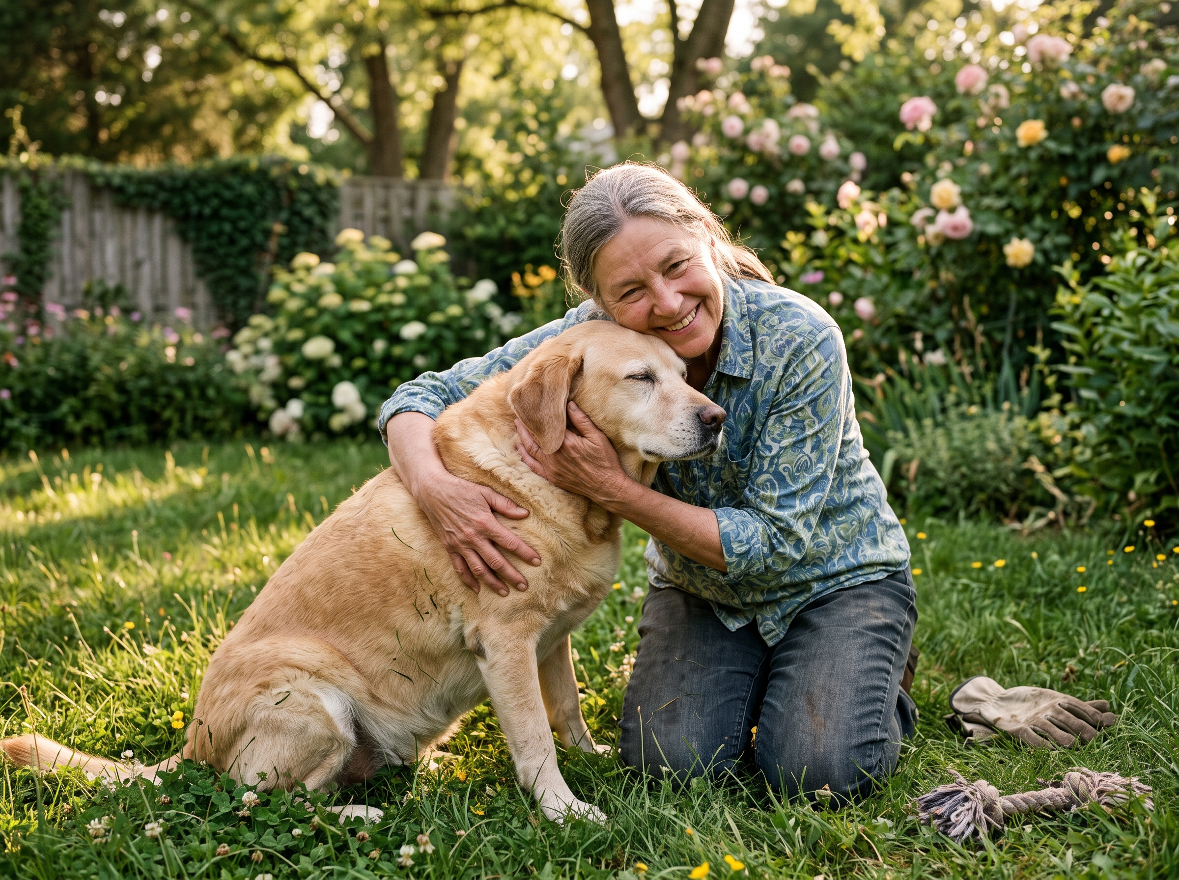 Owner holding her senior dog close in a warm, quiet moment at home